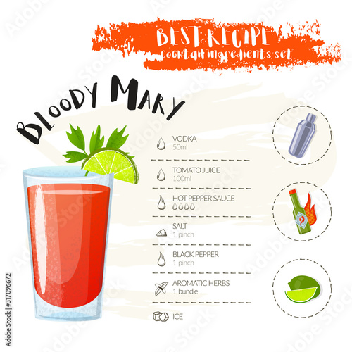 Bloody Mary. Image of a cocktail and a set of ingredients for making a drink at the bar. Cartoon style. Vector illustration