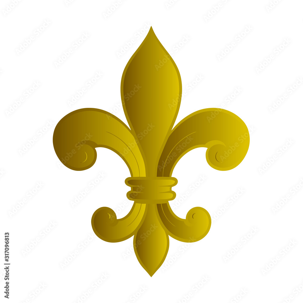 Seamless pattern with a gold royal lily called a fleur-de-lis on a white background. Vector heraldic ornament. Usable for design, packaging, wallpaper, textile, card, web