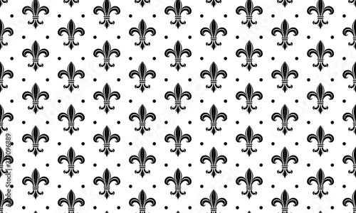 Seamless pattern with a gold royal lily called a fleur-de-lis on a white background. Vector heraldic ornament. Usable for design, packaging, wallpaper, textile, card, web