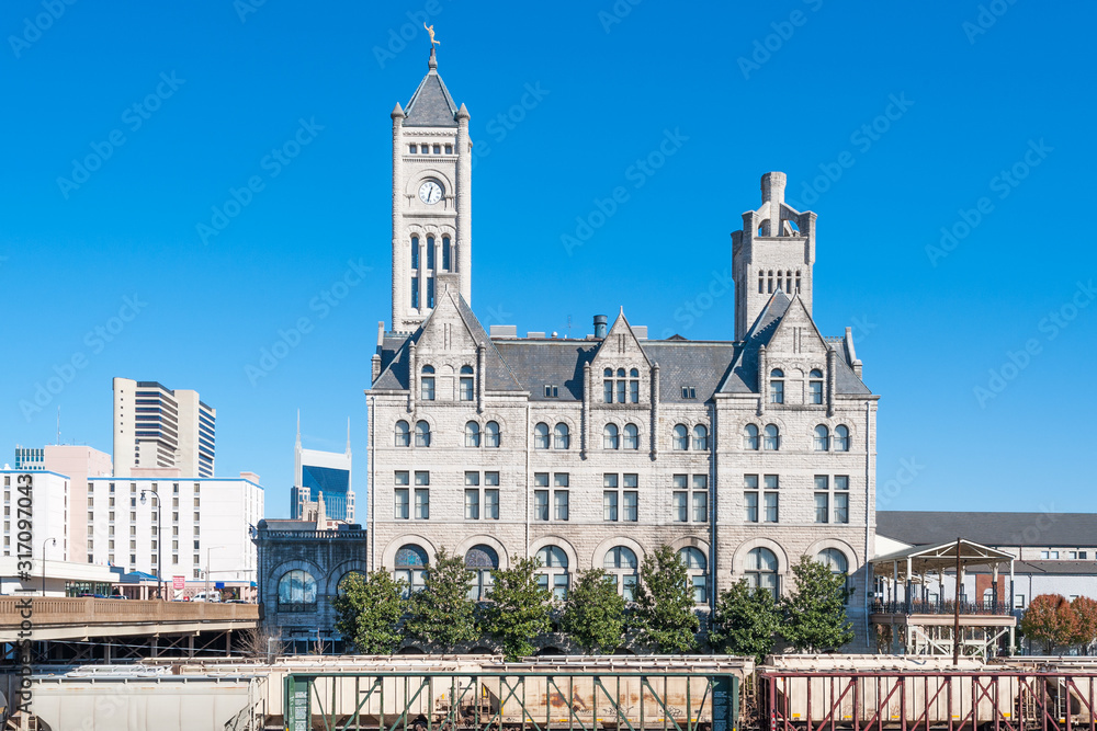 Nashville city view with railroad and former art deco terminal Union Station, Tennessee