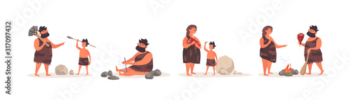 Collection of stone age people on an isolated white background. Primitive people hold ancient hunting tools, get food and fire, fry food at the stake. Vector illustration in a flat cartoon style.