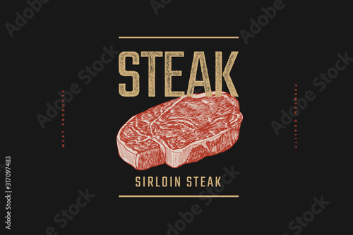 Sirloin steak vector illustration. Hand-drawn slice of meat tenderloin on black background. Concept of fresh farm products. Design element for menu, flyer, poster of butcher shop, market, restaurant.