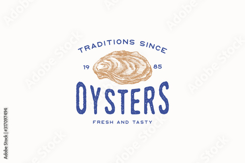 Hand-drawn oyster shell vector illustration. Logo template for a menu of a fish restaurant, market or seafood store. Emblem of delicacy in the engraving style on a light background.