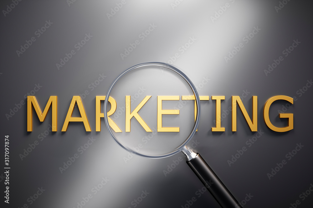 Magnifying Glass on golden Text Marketing with grey Background - 3D illustration Magnifying Glass on golden Text Marketing with grey Background - 3D illustration