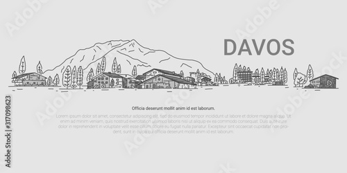 Davos, panorama on background mountain, cartoon.