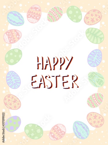 Happy easter vertical postcard with paschal eggs. Vector pastel holidays background.