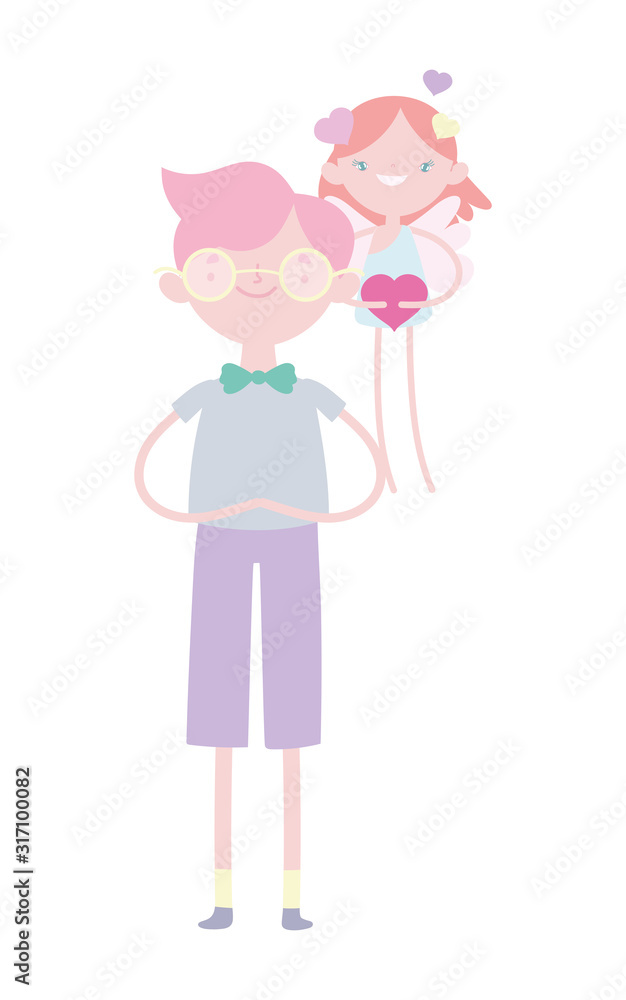 happy valentines day, young man and little cupid hearts love cartoon happy valentines day, young man and little cupid hearts love cartoon