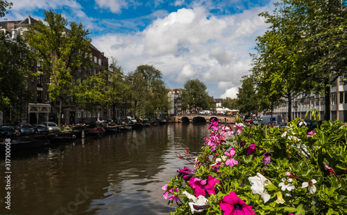 Beautiful View of flowers over an Amsterdam canal with a bridge and buildings in the background