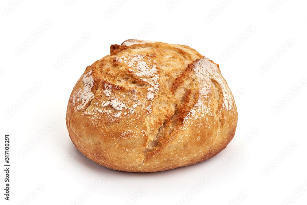 Freshly baked round bread loaf, isolated on white background