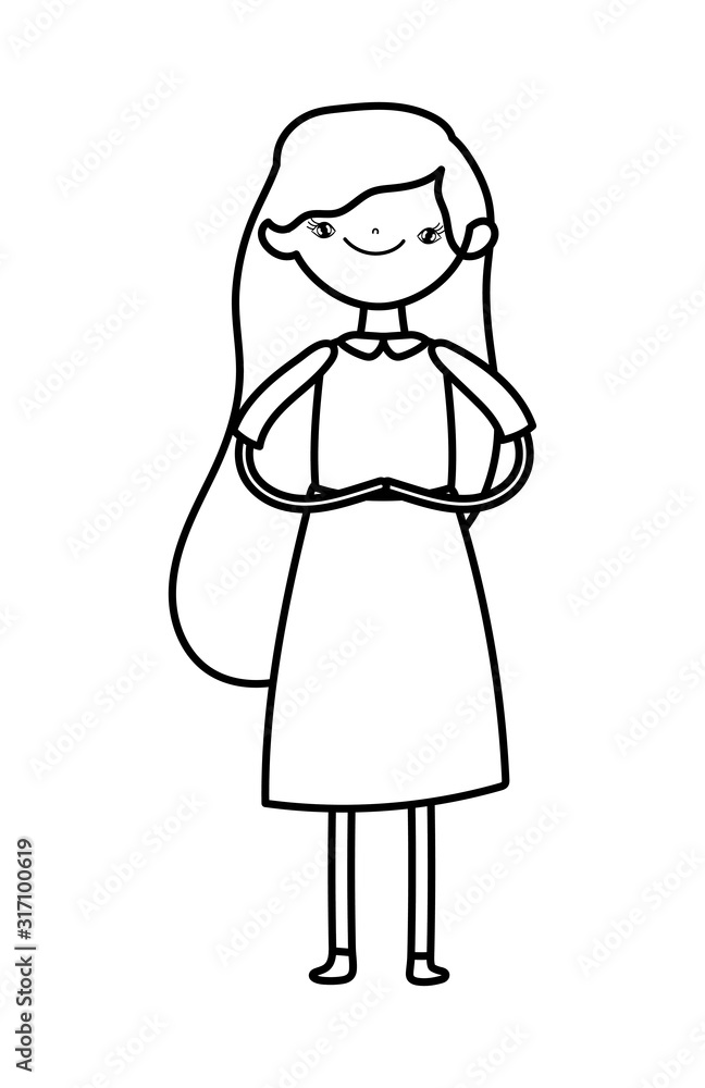 cute young woman standing long hair cartoon design thick line cute young woman standing long hair cartoon design thick line