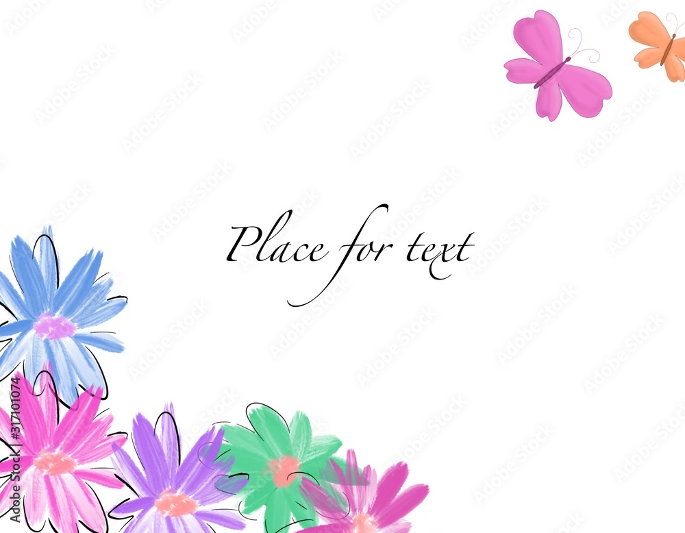 Greeting card on a white background with bright flowers and butterflies. Place for your text. Banner template