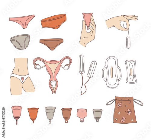 Women's hygiene supplies for menstruation: underpants, pads, tampons, menstrual cup