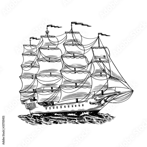 Sailboat in the sea, summer adventure, active vacation. Seagoing vessel, marine ship or nautical caravel. Water transport in the ocean for sailor and captain. Engraved hand drawn in vintage style.