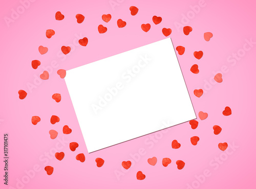 Greeting card or photo frame valentines day, heart on a pink background. Valentines Day. Flat lay, top view.
