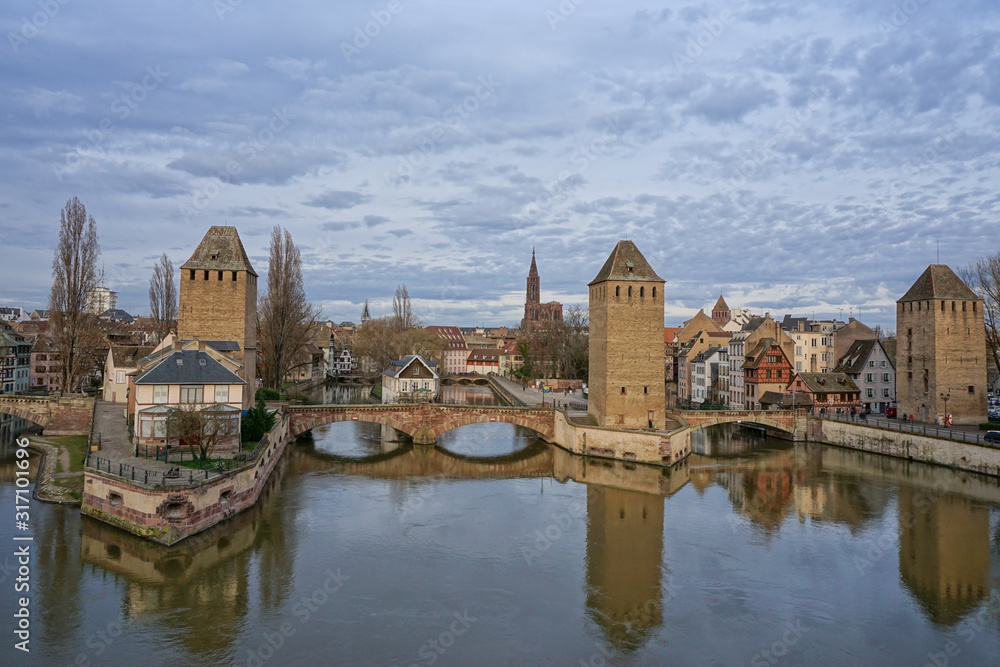 View over la petite France and the Ponts couverts in Strasbourg