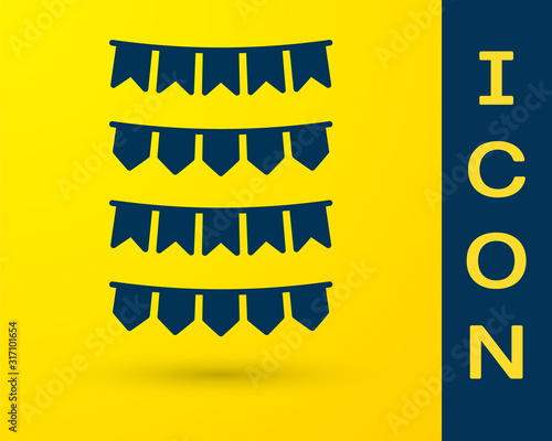 Blue Carnival garland with flags icon isolated on yellow background. Party pennants for birthday celebration, festival and fair decoration.  Vector Illustration