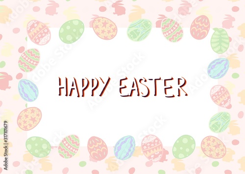Happy easter postcard with paschal eggs. Horizontal banner. Vector