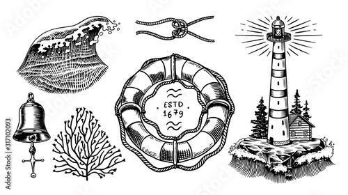 Nautical adventure set. Sea lighthouse, marine ocean waves, beacon and lifebuoy. Hand drawn engraved monochrome vintage old sketch.