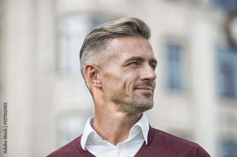 Facial care and ageing. Attractive mature man. Mature guy with grey hair  and bristle outdoors. Men get more attractive with age. Hairdresser salon.  Stylish hairstyle. Male face. Businessman concept Stock Photo |