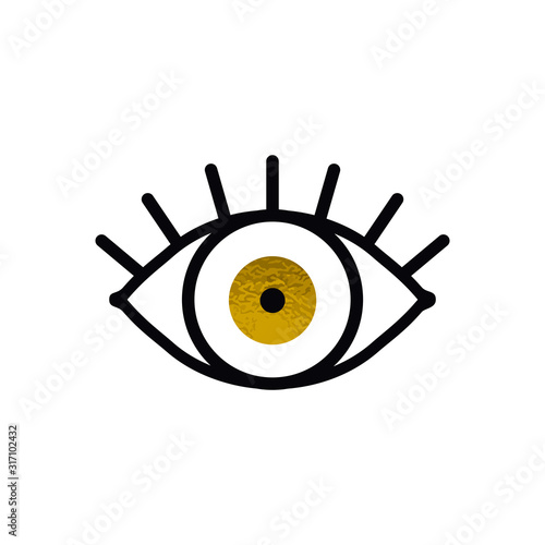Open gold eye line icon on white background. Look, see, sight, view sign and symbol. Vector linear graphic element. Optical and search theme in minimal design style. Golden eye with eyelashes.