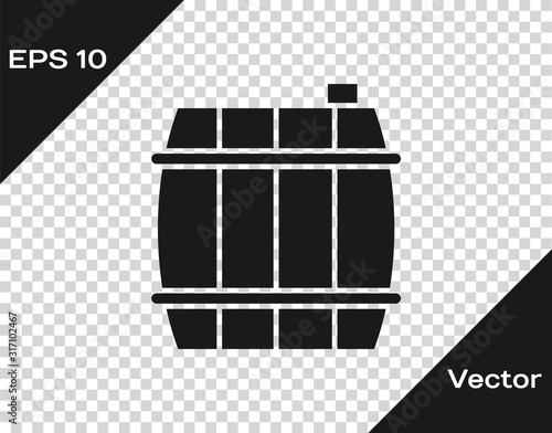 Grey Wooden barrel icon isolated on transparent background. Alcohol barrel, drink container, wooden keg for beer, whiskey, wine.  Vector Illustration