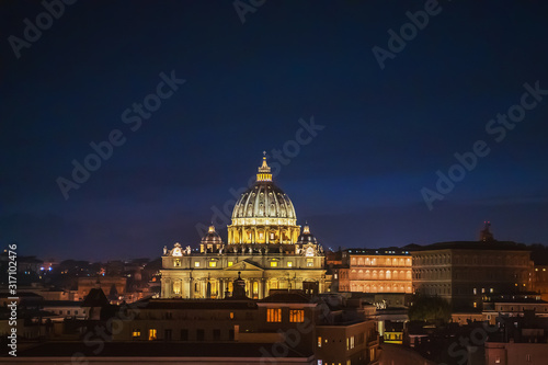 St Peters Basilica at night panorama from above. Rome, Italy.