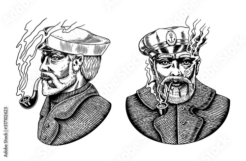 Sea captain, marine old sailor with pipe or bluejacket, seaman with beard or men seafarer. Travel by ship or boat. Engraved hand drawn in old boho sketch.