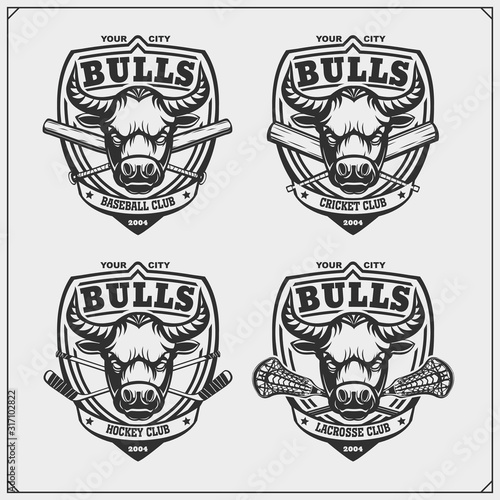 Cricket, baseball, lacrosse and hockey labels. Sport club emblems with bull. Print design for t-shirt.