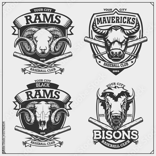 Baseball badges, labels and design elements. Sport club emblems with ram, bull and bison. Print design for t-shirts.