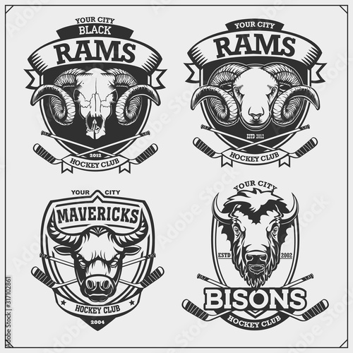 Hockey badges, labels and design elements. Sport club emblems with ram, bull and bison. Print design for t-shirts.