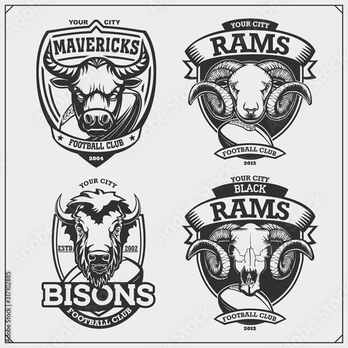 Set of soccer and football emblems, badges, logos and labels with bull, bison and ram. Print design for t-shirts.