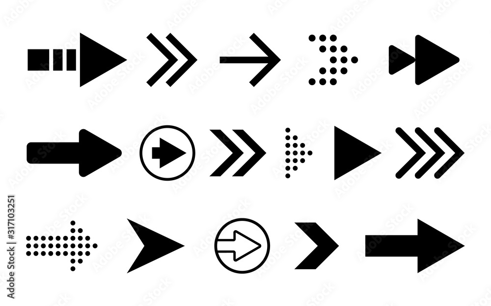 Arrows set icons. Black arrow on white backdrop. Simple pointer right direction. Motion icon for app, website or presentation. Click next concept in flat design. Vector illustration Arrows set icons. Black arrow on white backdrop. Simple pointer right direction. Motion icon for app, website or presentation. Click next concept in flat design. Vector illustration