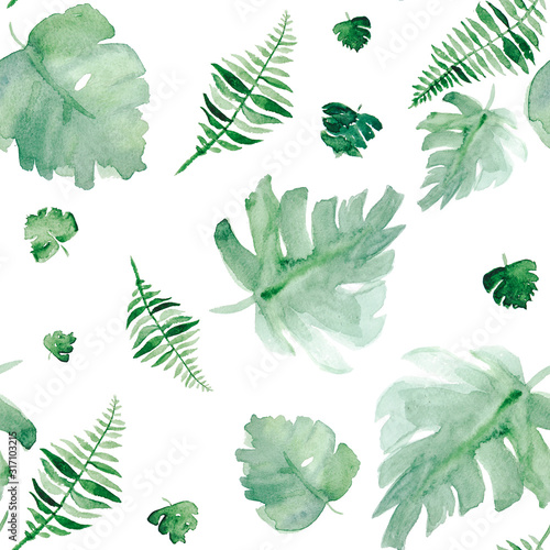 Watercolor seamless pattern with tropical leaves.