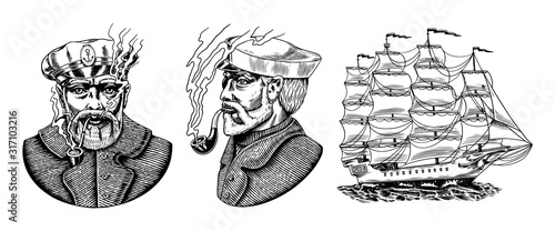Nautical sailing ship in the sea. Captain or sailor with pipe. Seaman with beard. Seagoing vessel, marine Sailboat, nautical caravel. Water transport in the ocean. Engraved hand drawn in vintage style