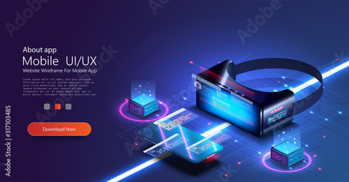 Virtual or augmented reality concept in isometric vector illustration. VR/AR glasses connection to network. Can be used as website poster or landing page design. 3D VR glasses on blue grid background