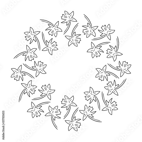 Round frame of daffodils, simple lines of black color isolated on a white background stock vector illustration
