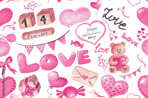 Pink seamless pattern of watercolor hearts, boxes, gifts