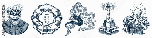 Nautical adventure set. Sea lighthouse, mermaid and marine captain, octopus and old sailor, ocean waves, seaman and lifebuoy. Hand drawn engraved old sketch.