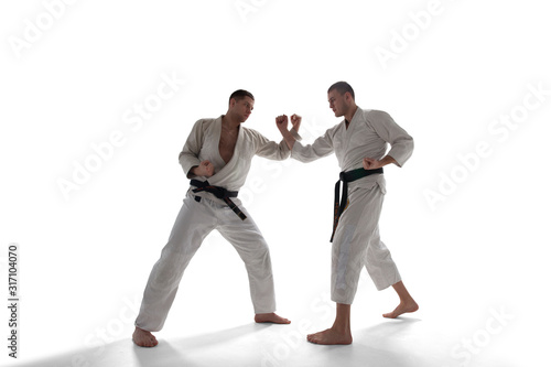 Karate fighters isolated on white.