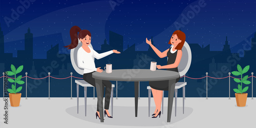 Women relax after work flat illustration. Elegant ladies, businesswomen having supper at restaurant cartoon characters. Old friends meeting, mother and daughter chatting, sharing latest news