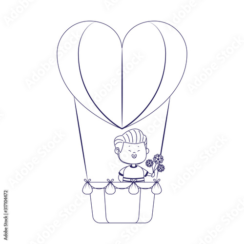 boy with flowers in hot air balloon in heart shape, flat design