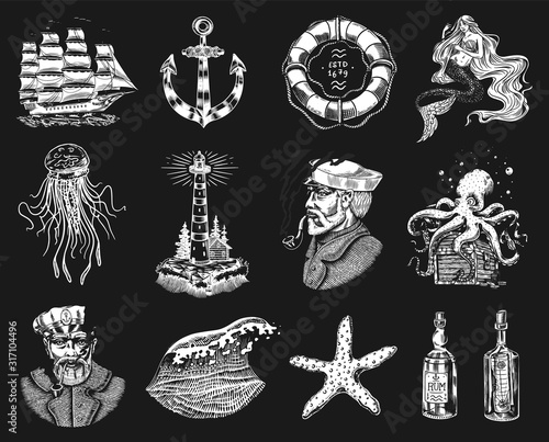 Nautical adventure set. Sea lighthouse, mermaid and marine captain, octopus and shipping sail, old sailor, ocean waves, seaman and lifebuoy. Hand drawn engraved old sketch.