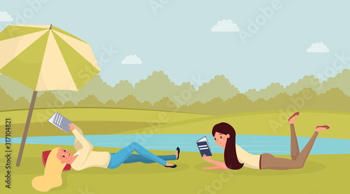 Girls reading outdoors flat illustration. Young women, friends lying on grass in park with books cartoon characters. Clever students revising for exam outdoors, summertime relax concept