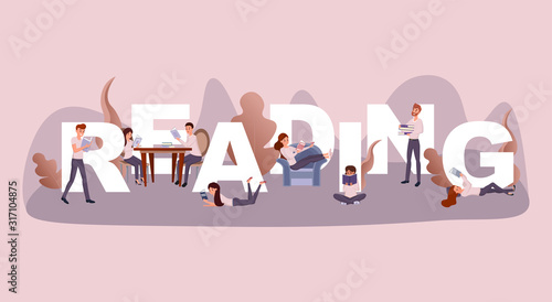 Reading time word concept banner. Couple enjoying new novel in cafe cartoon characters. Intellectual people hobby, students revising textbooks, adults relaxing with books, teenagers useful pastime