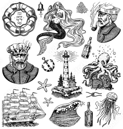 Nautical adventure set. Sea lighthouse, mermaid and marine captain, octopus and shipping sail, old sailor, ocean waves, seaman and lifebuoy. Hand drawn engraved old sketch.