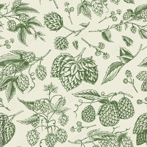 Hops and Barley Seamless pattern. Malt Beer. Engraved vintage Hand drawn collection. Sketch for web or pub menu, poster or banner. Design elements isolated on white background.