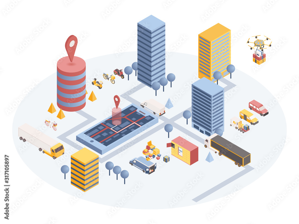 Urban goods delivery vector isometric illustration. Cartoon warehouse with cardboard boxes and van in residential area. Mobile app for parcel tracking with geo tag on addressee location