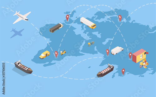 Worldwide goods shipment isometric illustration. Global delivery service with international trade routes and various transport means. Logistic company transatlantic freight shipping