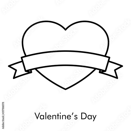 Día de san Valentín. Icono plano corazón con cinta para mensaje en color negro