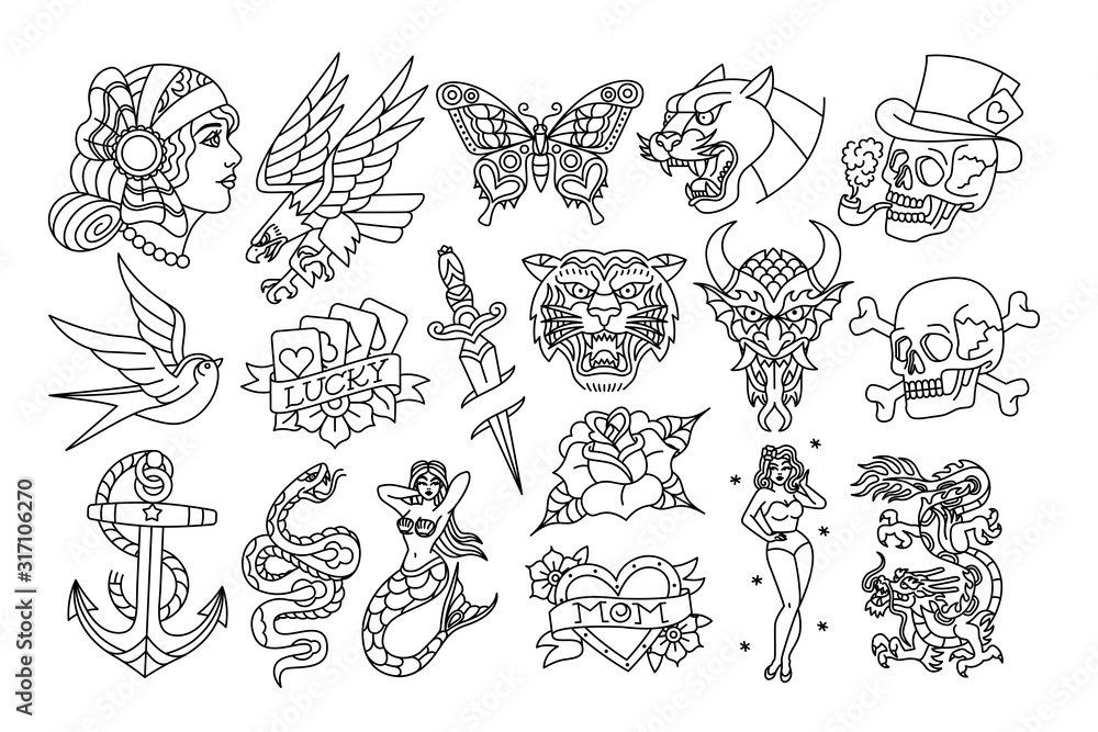 Set Of Old School Tattoo Designs Stock Vector | Adobe Stock